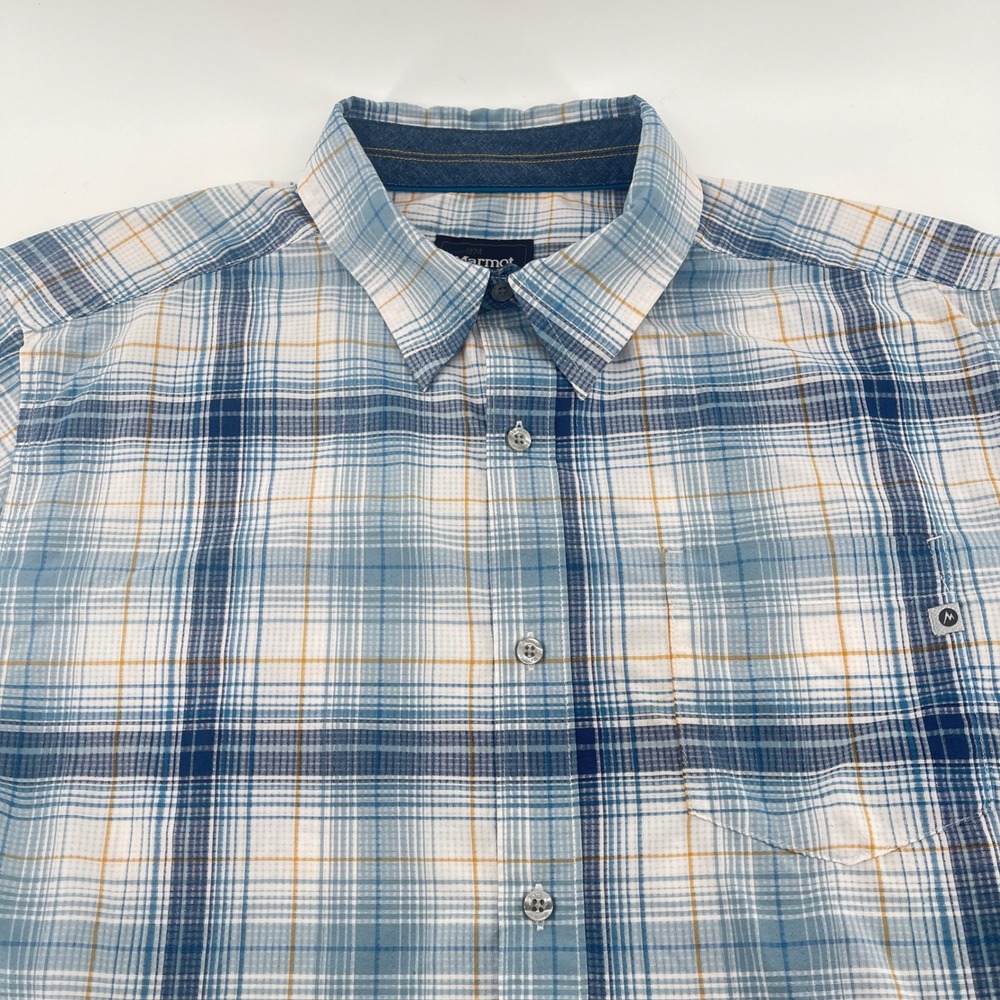 Marmot Plaid Short Sleeve Button Up Shirt Mens L G Blue White Yellow Outdoor